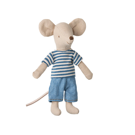 Maileg Louimax Big Brother Mouse out of packaging wearing a striped blue shirt and blue trousers