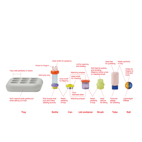 High-angle view of the light gray silicone Curiosity Nook toy with colorful tactile insert pieces.