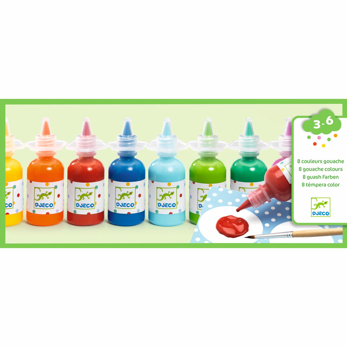 A set with eight bright, rich-coloured paints in easy-to-use bottles, ideal for children's creative projects and painting fun.