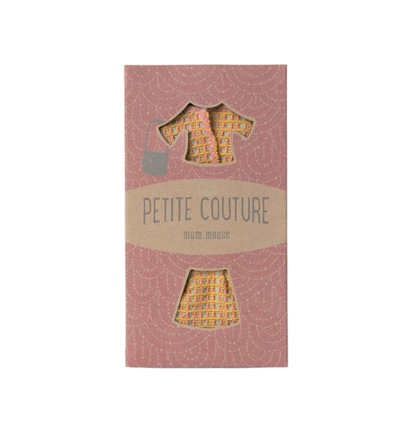 Maileg Petite Couture Mum Mouse outfit with a tweed suit and handbag – elegant UK dollhouse charm.