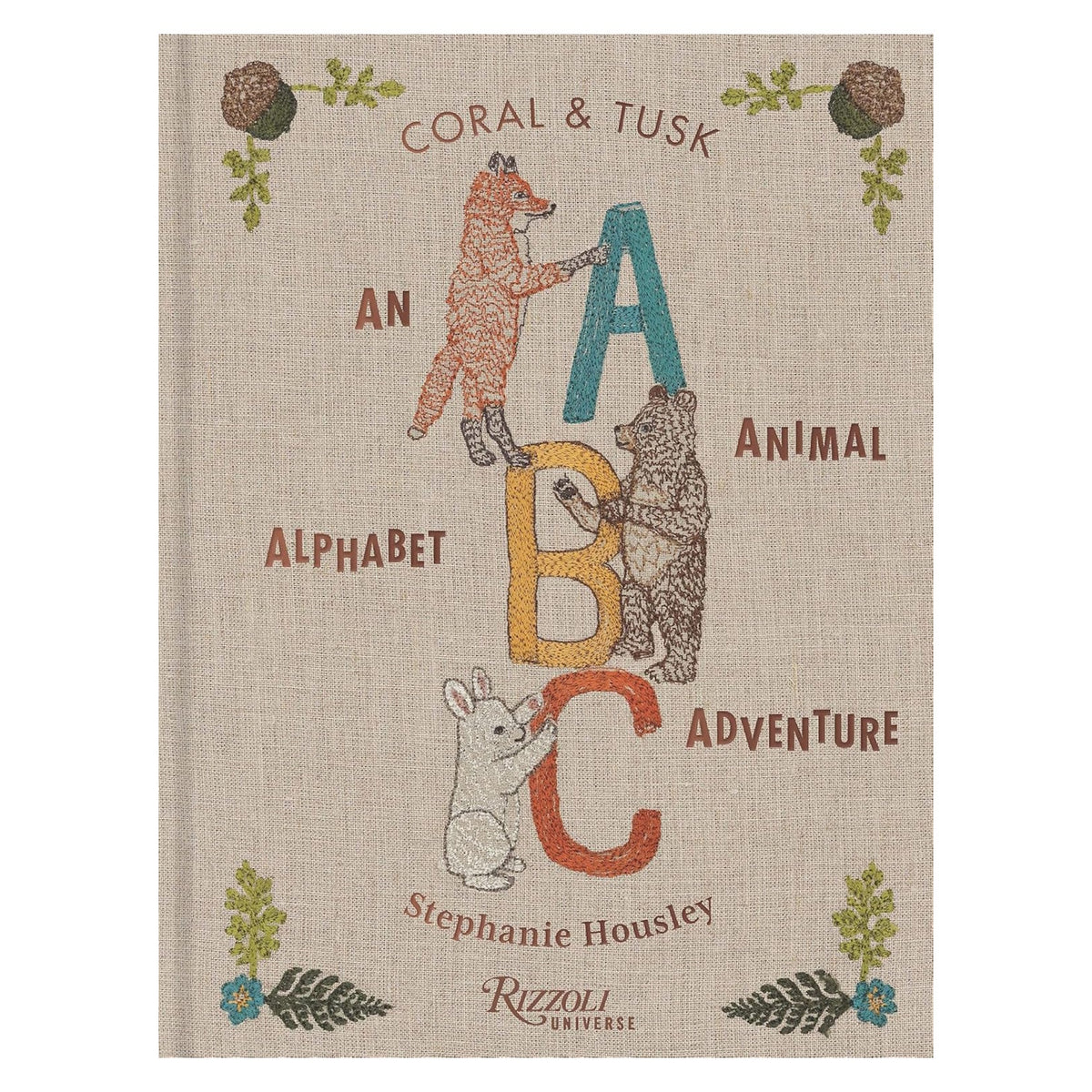 Coral & Tusk book cover with embroidered animals posing beside giant letters A, B, and C on linen cloth.