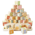 Stacked colorful wooden ABC learning blocks on a matching tray displaying letters, numbers, and pictures.