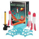 Box set of an air-powered rocket launcher with four red and white foam rockets, a black and yellow pump, and a blue launch pad. Box art shows rockets flying in space.