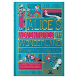 Alice's Adventures in Wonderland MinaLima book cover with colorful illustrations and gold foil typography.