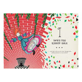 Alice in Wonderland illustration of Alice falling down a brick rabbit hole with playing card suits and book chapter text.