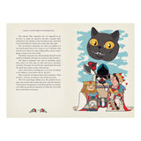Cheshire Cat's floating head grins over the King and Queen of Hearts in a stylized Alice in Wonderland illustration.