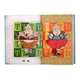 Interactive MinaLima book illustration of Tweedledum and Tweedledee with colorful patterned flaps and gold accents.