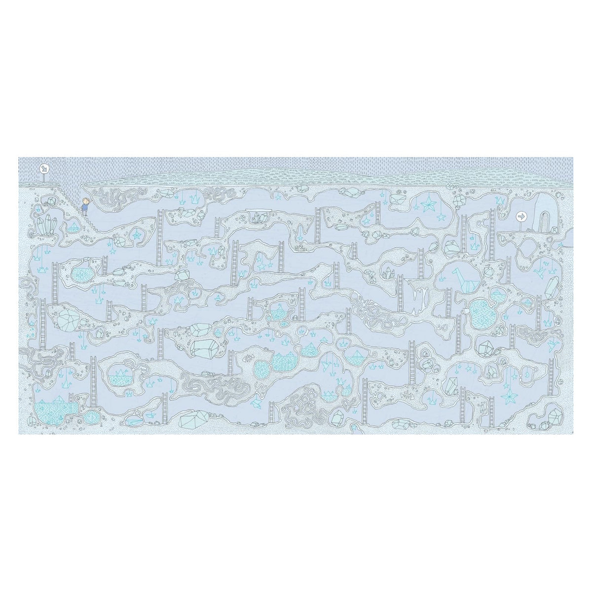 Intricate blue and white underground maze illustration for children featuring ladders, crystals, and origami shapes.