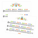 Djeco color-coded sheet music for children with illustrated mice and owl characters.