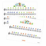 Djeco children's color-coded musical sheet music with animal illustrations for beginner musicians.