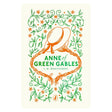 Anne of Green Gables book cover by L.M. Montgomery featuring a straw hat, red braids, and green floral vine patterns.