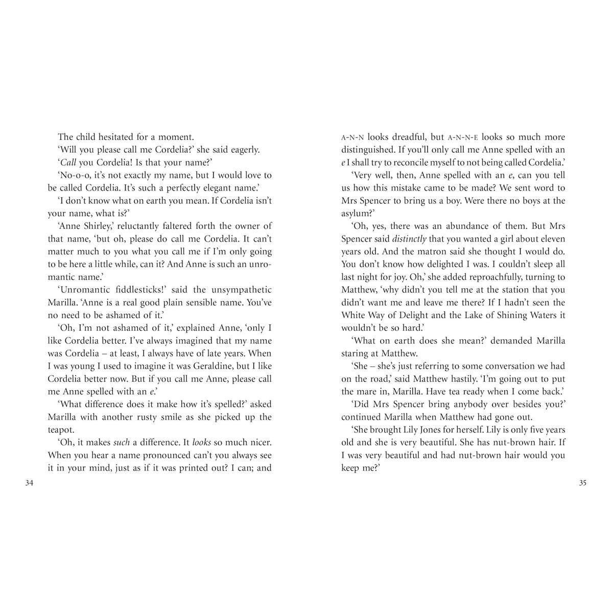 Two-page spread of Anne of Green Gables book showing dialogue where Anne asks Marilla to call her Cordelia.