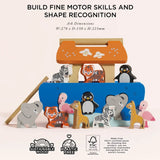 Wooden Noah's Ark shape sorter toy with dimensions, animal blocks, and FSC-certified sustainable wood badges.