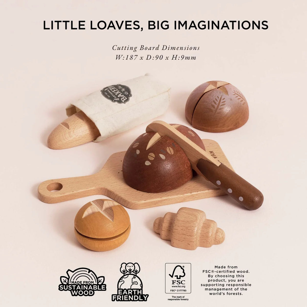 Wooden toy bakery set with cutting board, knife, bag, and bread items, noting FSC-certified wood.