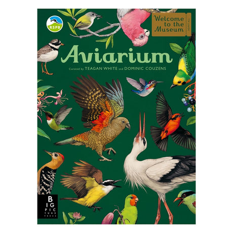 Book cover titled "Aviarium" featuring illustrations of various birds on a dark green background.