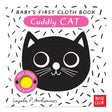 Cover of "Cuddly Cat: Baby's First Cloth Book" by Ingela P Arrhenius. Features a black cat face on a white background with black sprinkles. Includes "Felt flaps and a mirror!" text and Nosy Crow logo. Playful and engaging design.