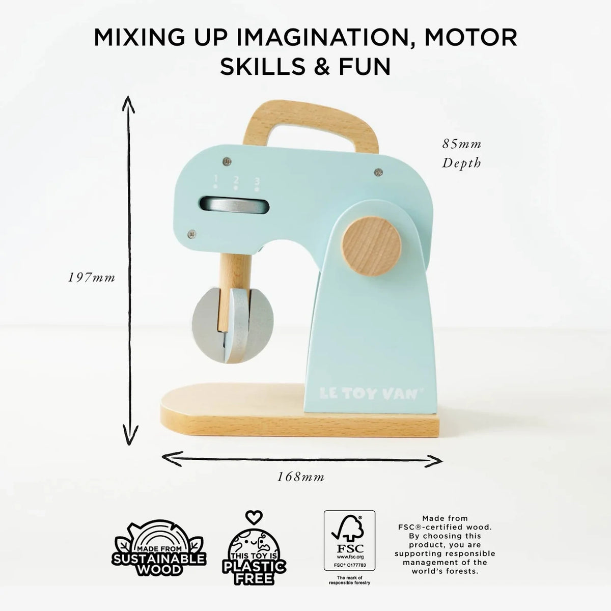 Pastel blue wooden toy mixer with dimensions 197mm height, 168mm width, and 85mm depth.
