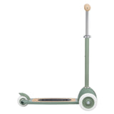 Side view of a sage green 3-wheeled kids scooter with a wooden deck, shown against a white background.