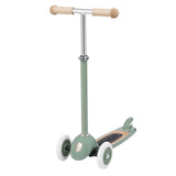 Front-three-quarter view of a sage green 3-wheeled kids scooter with beige grips on a white background.