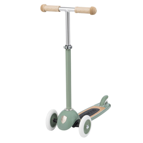 Front-three-quarter view of a sage green 3-wheeled kids scooter with beige grips on a white background.