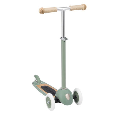 High-angle front view of a sage green 3-wheeled kids scooter with beige grips on a white background.