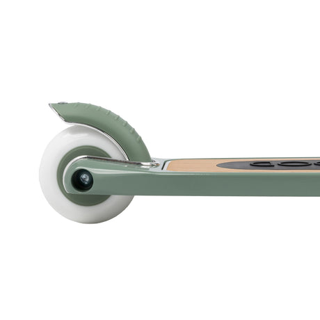 Close-up view of the rear white wheel, brake, and wooden deck of a sage green kids scooter on a white background.