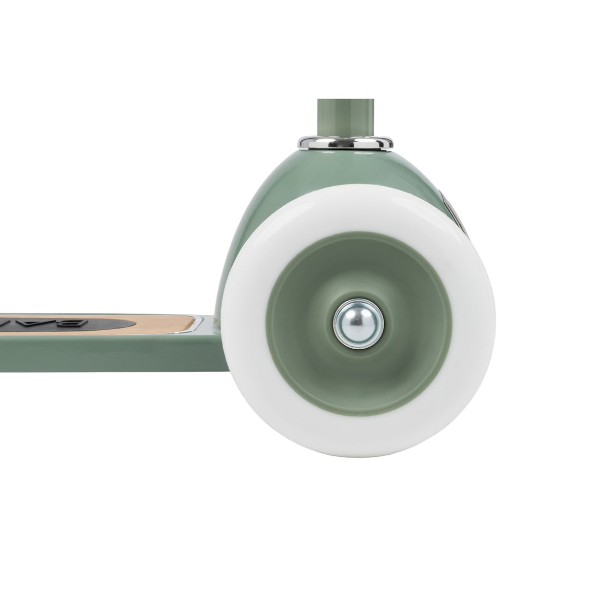 Close-up view of the front white wheel and sage green frame of a kids scooter, set against a white background.