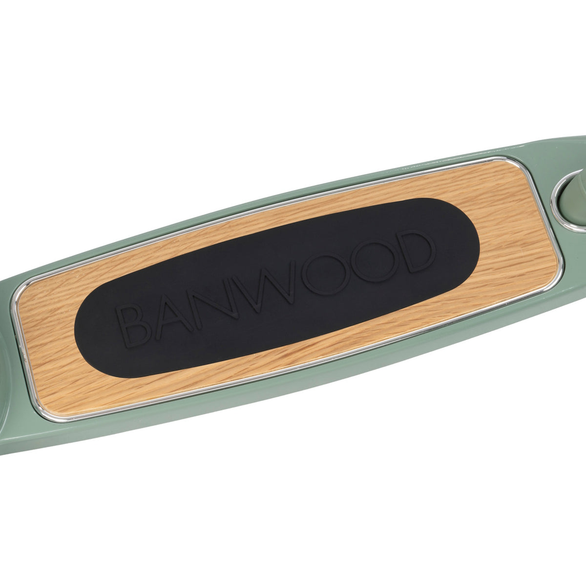 Close-up top view of a wooden scooter deck with a black non-slip Banwood grip pad on a white background.