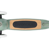 Top-down view of a sage green scooter deck with a wooden finish and black Banwood grip pad on a white background.