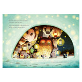 Illustrated book page showing a glowing cave filled with animals holding lanterns and fireflies.