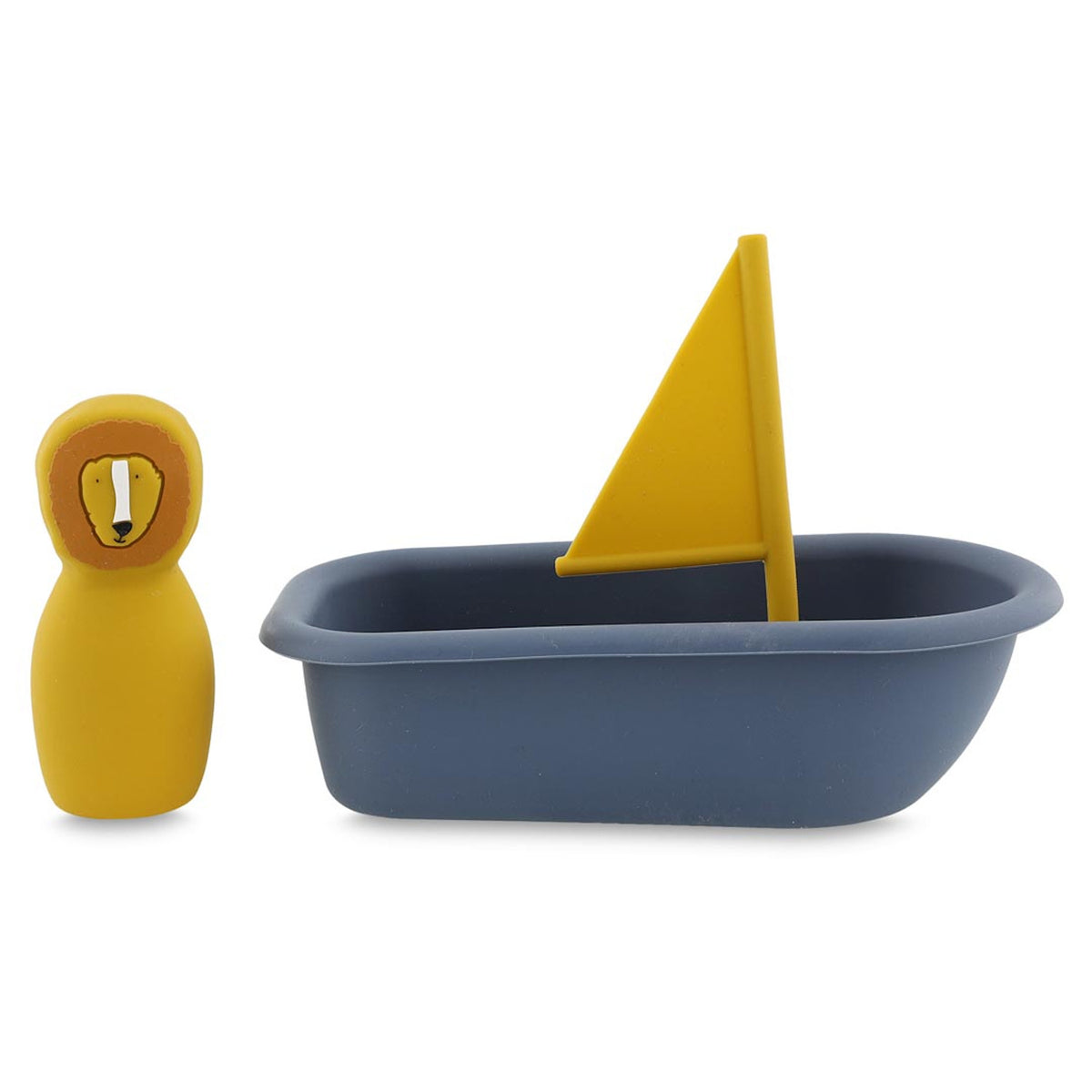 A yellow toy lion figure stands beside a blue toy boat with a yellow sail. The scene is simple, playful, and suggests a sense of adventure.
