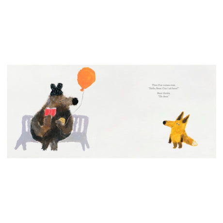 Illustration of a bear on a bench with a balloon and book, as a fox approaches and asks to sit.