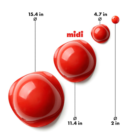 Bilibo toy size comparison chart showing Original (15.4"), Midi (11.4"), Mini (4.7"), and Pixel (2") diameters in inches.