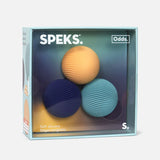 Speks Odds box containing three ridged silicone fidget magnets in yellow, navy blue, and teal.