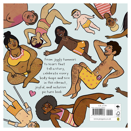 Inclusive illustration of diverse people in swimwear, celebrating body positivity, scars, and different abilities.