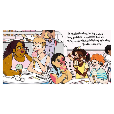 Diverse group of people with various skin patterns and conditions enjoying ice cream at a table. Bodies are cool text.