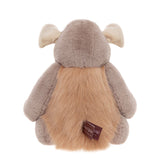 Back view of a soft grey plush monster toy showing light brown fluffy fur along its back and a brand tag.