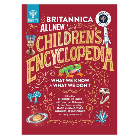 Britannica All New Children's Encyclopedia book cover featuring a frog, Nefertiti, and space illustrations on red.