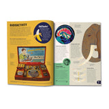 Two-page spread about radioactivity from a children’s encyclopedia featuring an atomic energy kit, a banana, and an elephant.