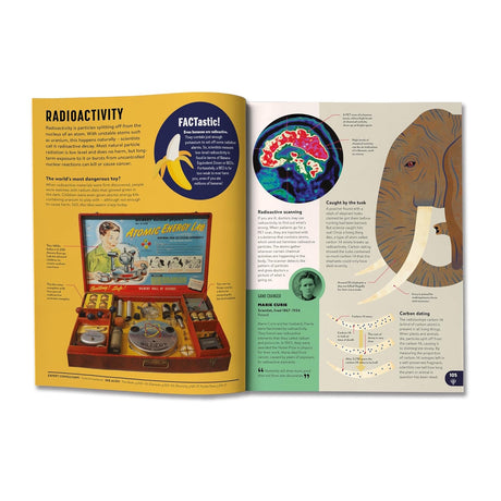 Two-page spread about radioactivity from a children’s encyclopedia featuring an atomic energy kit, a banana, and an elephant.