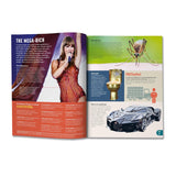 Inside pages of Britannica Children's Encyclopedia showing "The Mega-Rich" with Taylor Swift and a Bugatti supercar.