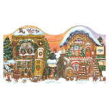 Whimsical illustration of woodland creature village with snow-covered houses, festive decorations, pine trees, and animals engaging in joyful winter activities.