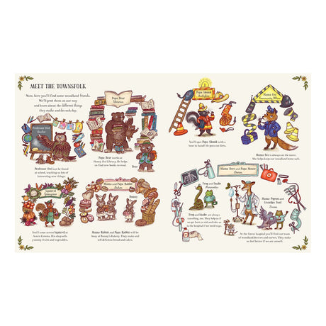 An illustrated inside page introducing the woodland townsfolk characters from the book.