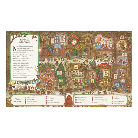 An illustrated double-page spread titled "Heading Into Town" showing a bustling woodland street scene with shops, characters, and a "What to spot in town" checklist.