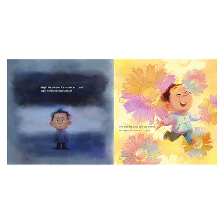 A child stands looking sad in dark blue tones, then leaps joyfully among bright, colorful flowers.