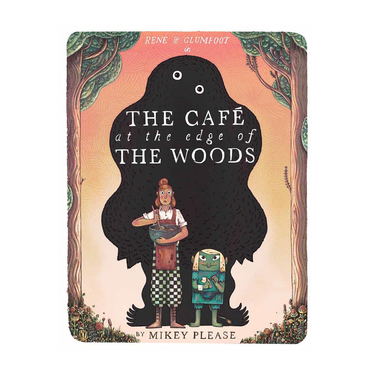 Cover art for "The Café at the Edge of the Woods." Features a large, shadowy creature with wide eyes, a woman, and a small character in front. Whimsical and mysterious tone.