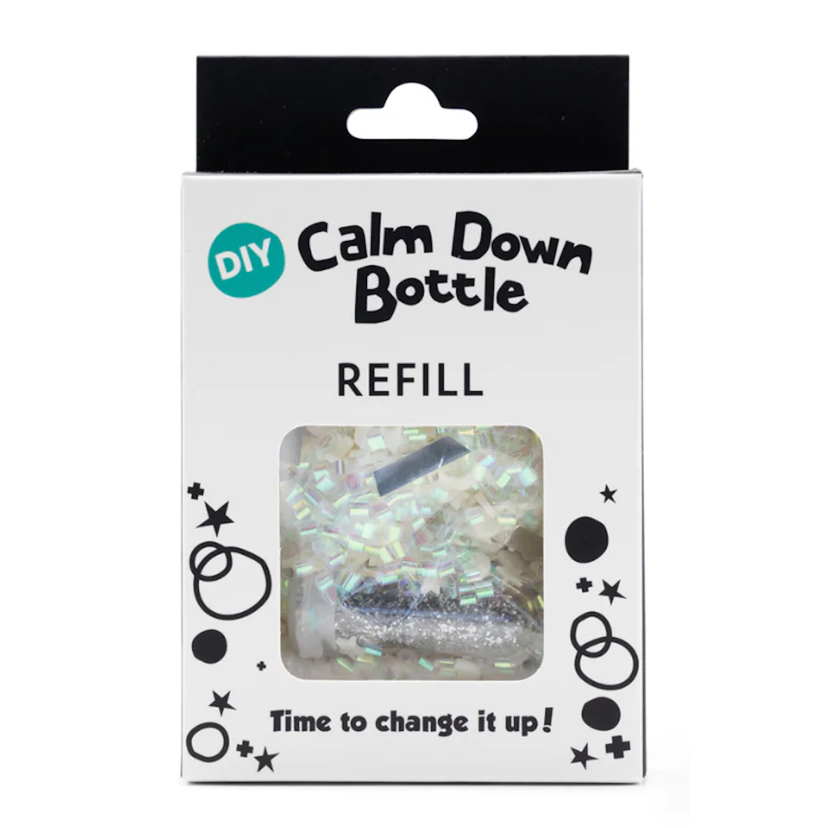 Packaging for a DIY Calm Down Bottle Refill, featuring a clear window with iridescent pieces and a glitter tube. Text reads "Time to change it up!" with playful icons.
