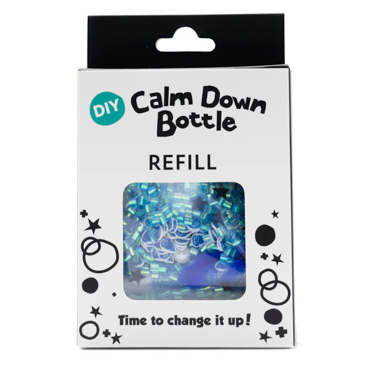Packaging for a DIY Calm Down Bottle refill. The white box has playful black text and graphics with a window showing blue and silver contents.