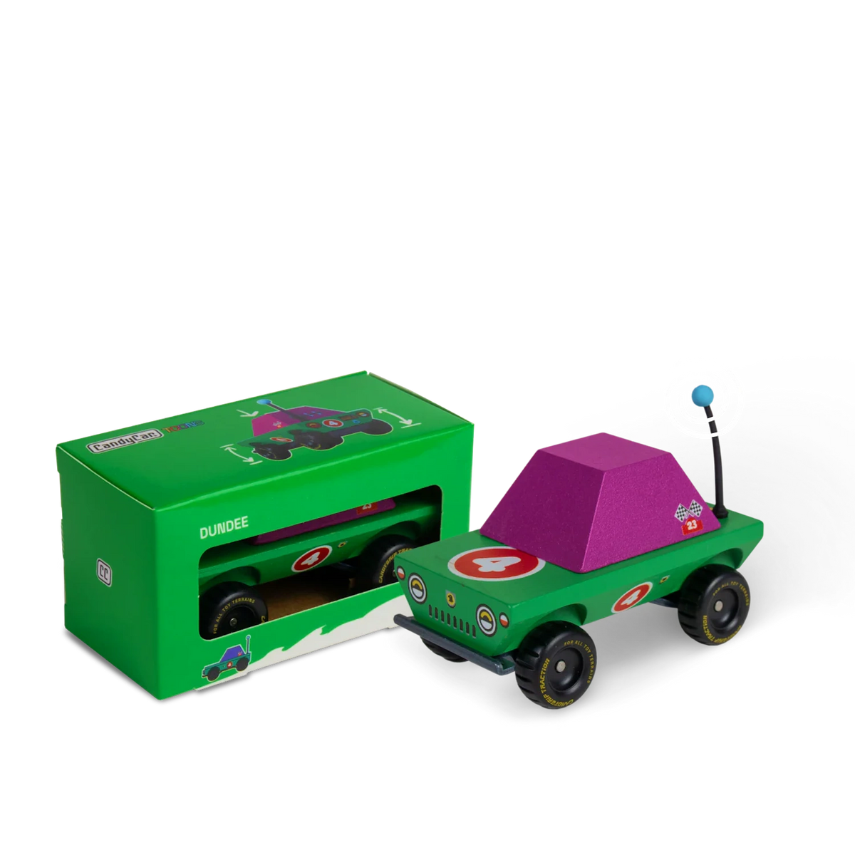 Candylab Toons Dundee wooden adventure truck toy in green and purple with matching green branded box packaging.