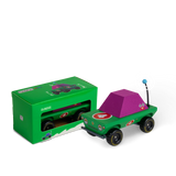 Candylab Toons Dundee wooden adventure truck toy in green and purple with matching green branded box packaging.